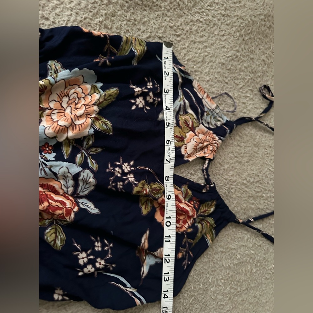 Angie Floral Boho festival Halter Romper Hummingbird Print Navy Blue rayon SZ M - Picture 6 of 8
